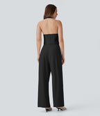 Halter Shirred Wide Leg Work Jumpsuit with Pockets