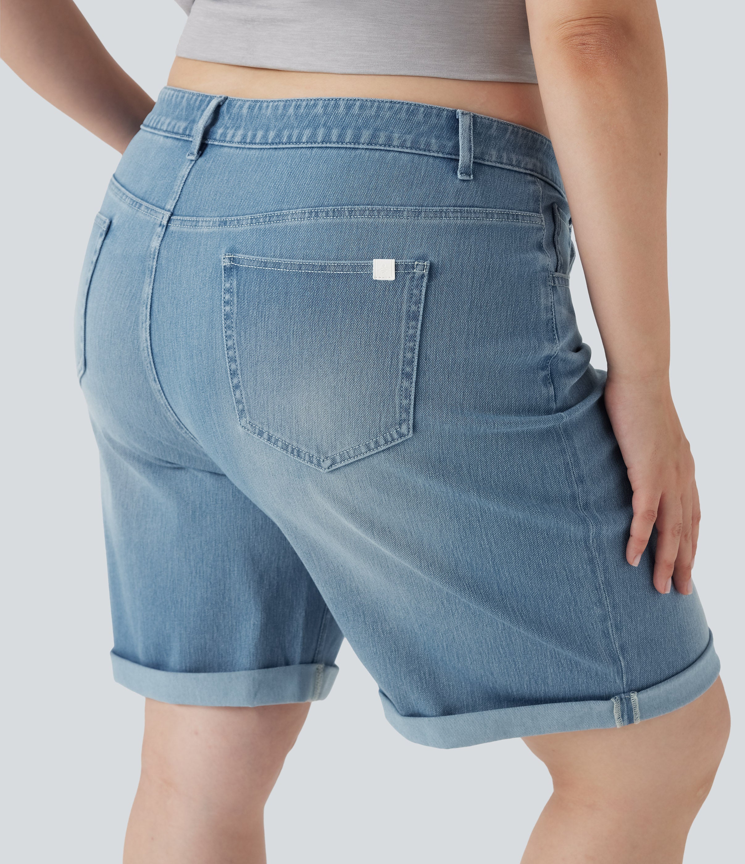 FlexTM High Waisted Multiple Pockets Rolled Hem Washed Stretchy Knit Denim Casual Plus Size Bermuda Shorts