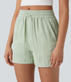Mid Rise Drawstring Linen-Feel  Work Shorts with Side Zip Pockets