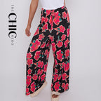 Black Flower Abstract Floral Print Wide-Leg Drawstring Palazzo Pleated Pants