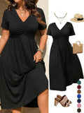 Plus Size V-Neck Ruched Bra Top Short Sleeve Midi Dress, Casual Summer Flowy A-Line Skirt, Women's Fashion Clothing