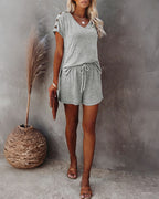 Women's V Neck Short Sleeve Top and Drawstring Shorts Set Casual Loose Fit Loungewear Two Piece Outfit with Pockets