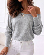 Women's Convertible Shoulder Batwing Sleeve Top Long Sleeve Loose Fit Casual Knit Tee