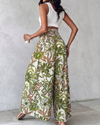 Vintage Floral Print High Waist Shirred Elastic Waist Wide Leg Pants