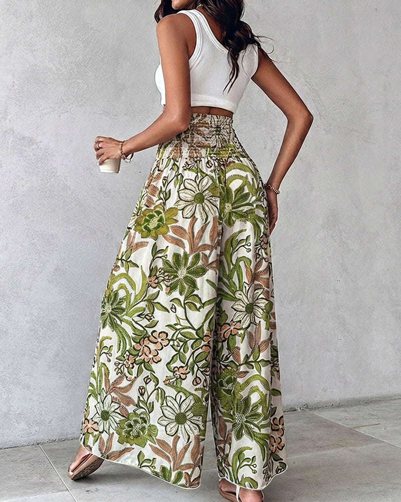 Vintage Floral Print High Waist Shirred Elastic Waist Wide Leg Pants