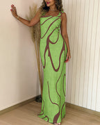 Abstract Print Square Neck Thick Strap Maxi Dress Elegant Side Slit Vacation Dress