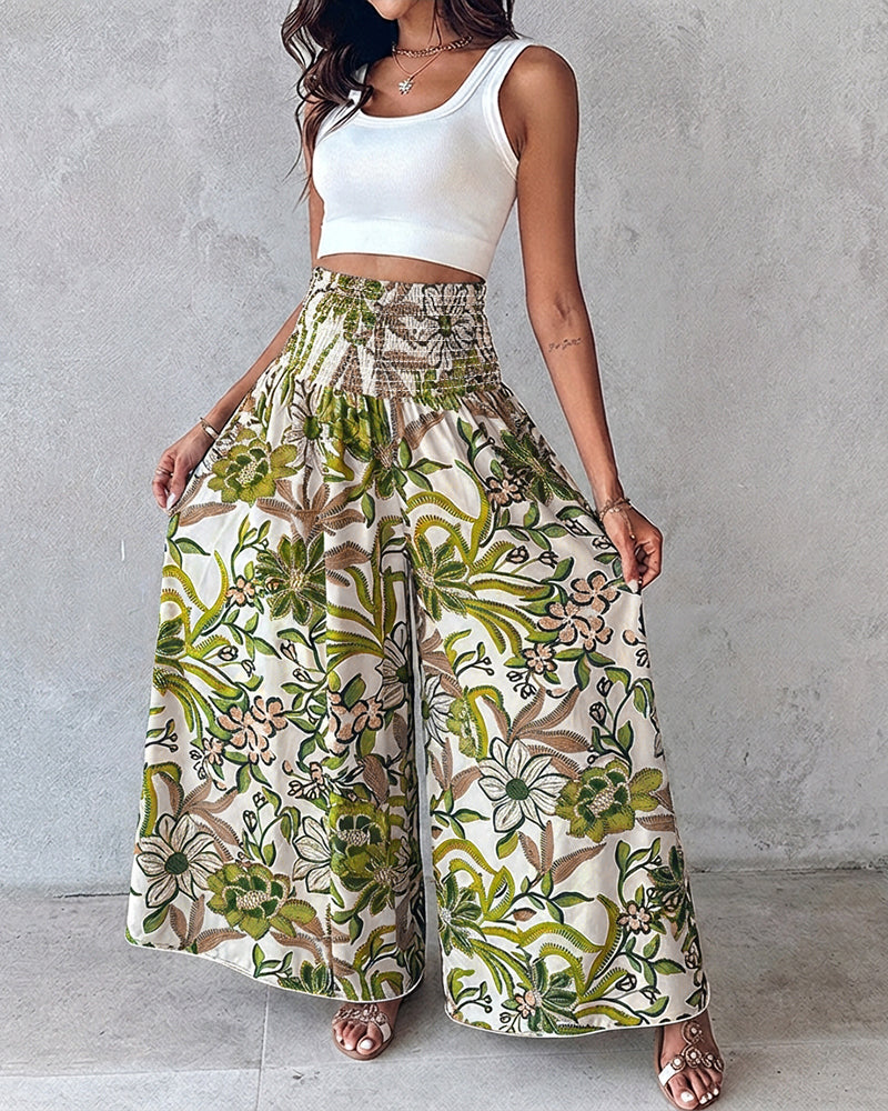 Vintage Floral Print High Waist Shirred Elastic Waist Wide Leg Pants