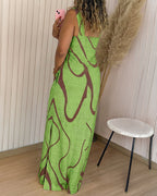 Abstract Print Square Neck Thick Strap Maxi Dress Elegant Side Slit Vacation Dress