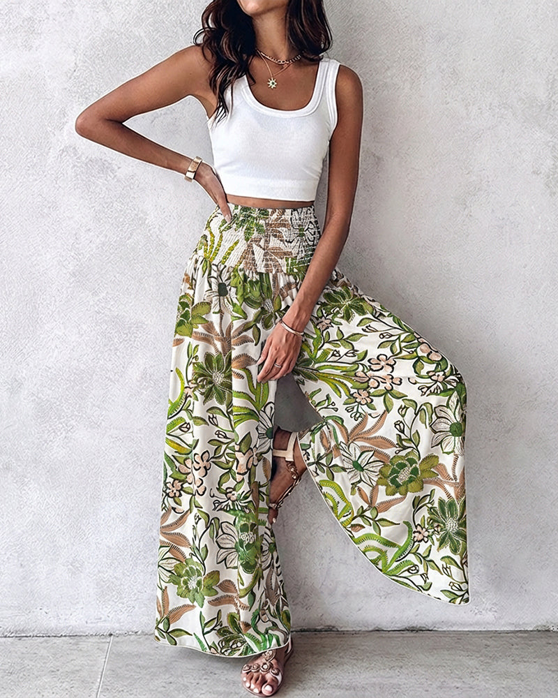 Vintage Floral Print High Waist Shirred Elastic Waist Wide Leg Pants