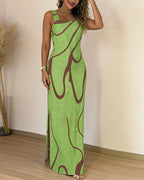 Abstract Print Square Neck Thick Strap Maxi Dress Elegant Side Slit Vacation Dress