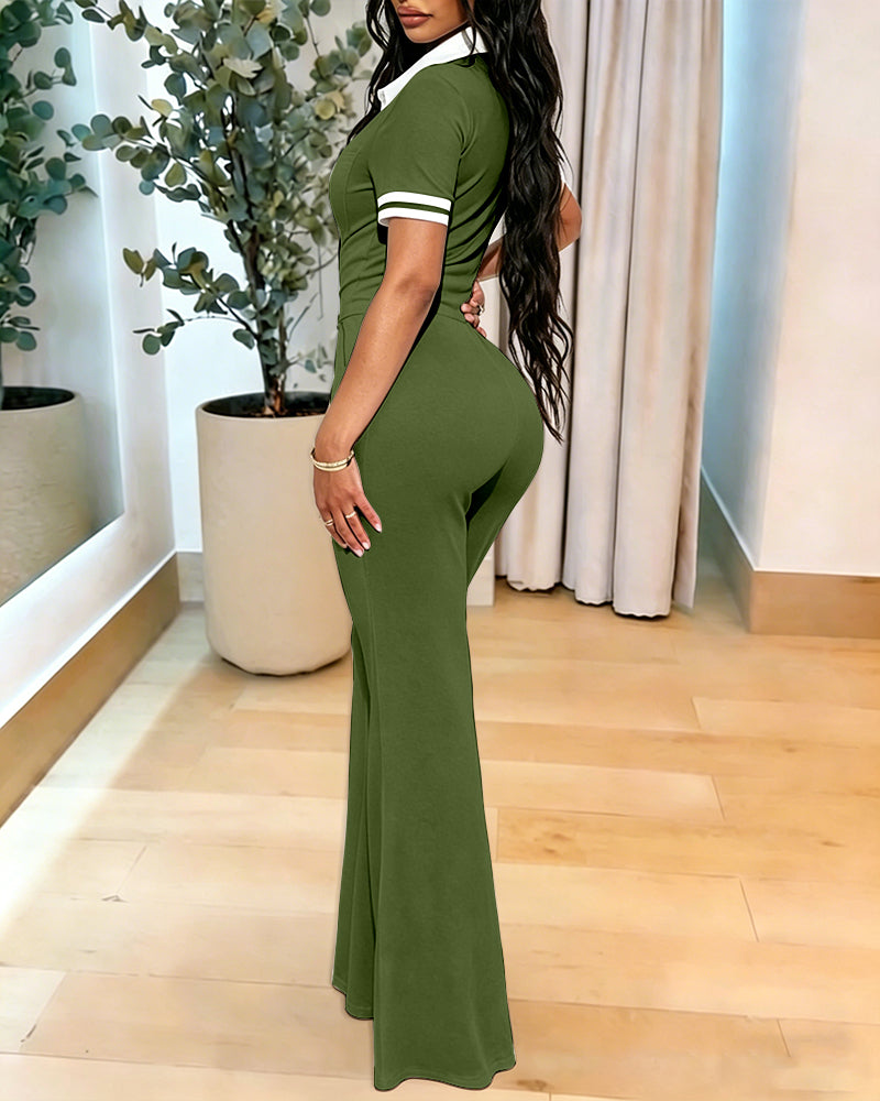 Women's Contrast Polo Neck Jumpsuit Short Sleeve Bodycon Romper Flared Leg Overalls with Snap Button Placket