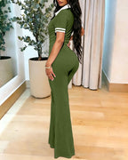 Women's Contrast Polo Neck Jumpsuit Short Sleeve Bodycon Romper Flared Leg Overalls with Snap Button Placket