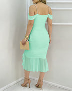 Women's Off Shoulder Mesh Dress Pearl Strap Ruched Bodycon Dress Ruffle Hem Slit Evening Party Dress