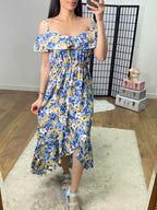 Hancie Floral Print Frill Bardot Strap Dress