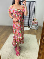 Hancie Floral Print Frill Bardot Strap Dress