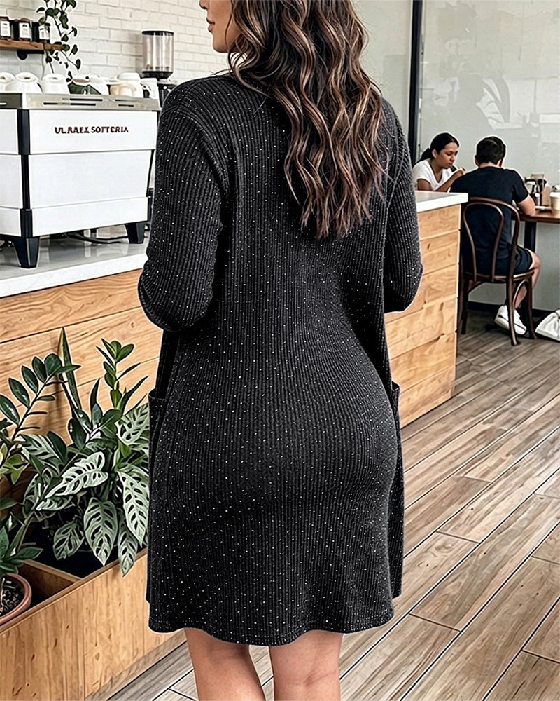 2 Pieces Outfit U-Neck Half Button Front Slim Fit Mini Tank Dress and Long Sleeve Pockets Design Cardigan Casual Rhinestone Decor Textured Set