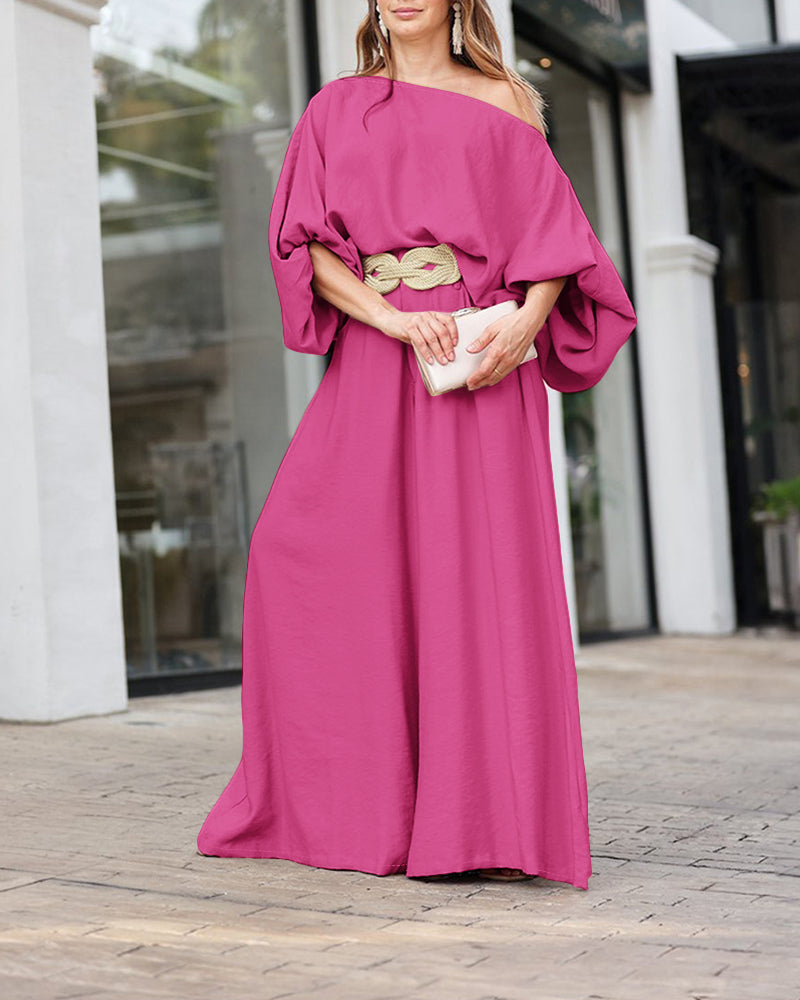 2 Pieces Outfit Turn-down Coll  Long Sleeve Button Front Satin  Shirt and Casual Vintage Floral  Print Elastic Back Waist Wide Leg  Pants Set without Belt