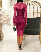 2 Pieces Outfit Allover Rhinestone Decor Leopard Print O-neck Long Sleeve Slim Fit Sheer Mesh Bodycon Dress with V-Neck Adjustable Spaghetti Straps Mini Dress