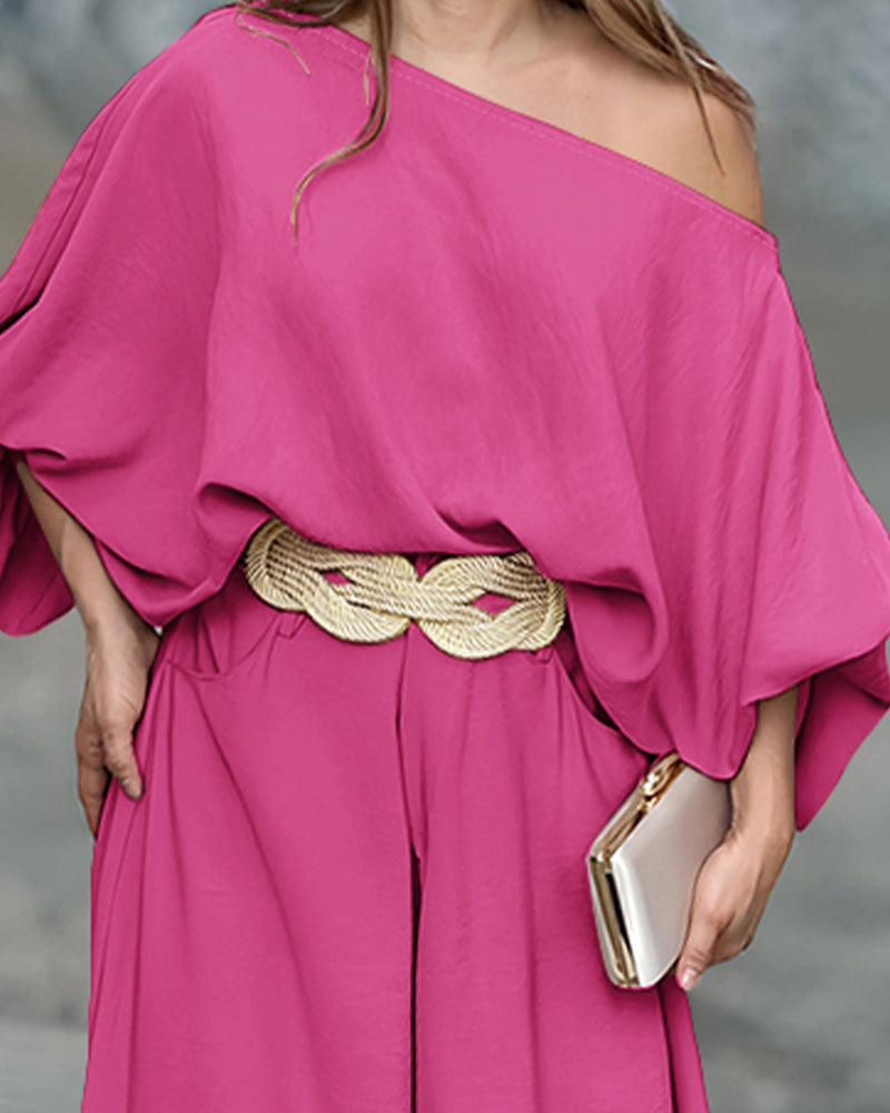 2 Pieces Outfit Turn-down Coll  Long Sleeve Button Front Satin  Shirt and Casual Vintage Floral  Print Elastic Back Waist Wide Leg  Pants Set without Belt