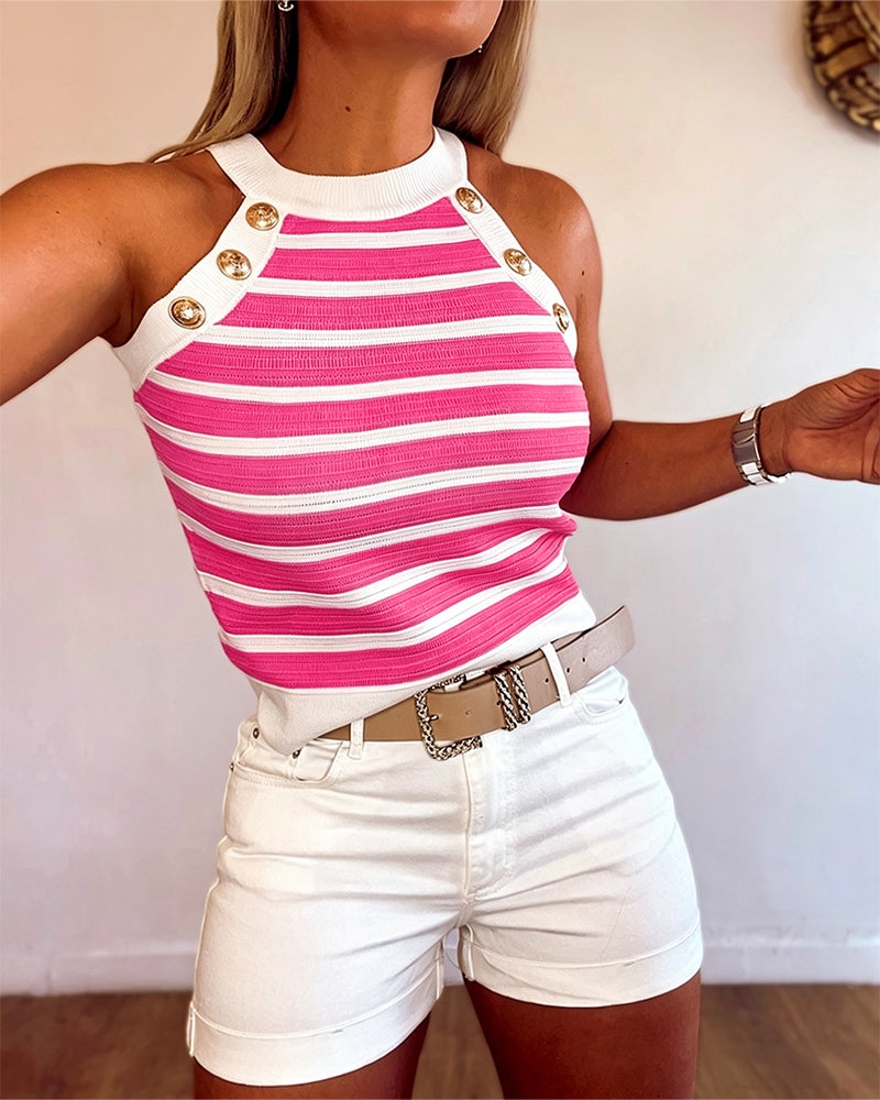 Striped Halter Sleeveless Tank Causal Golden Button Decor Breathable Knit Top