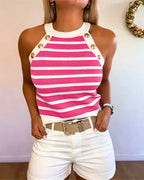 Striped Halter Sleeveless Tank Causal Golden Button Decor Breathable Knit Top