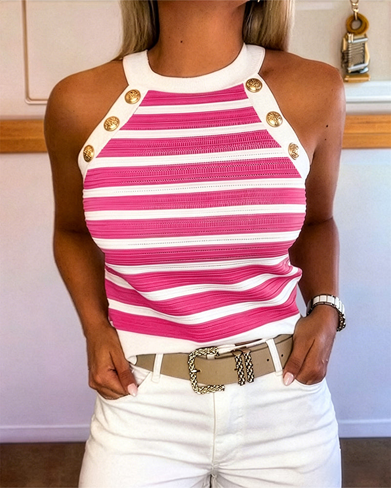 Striped Halter Sleeveless Tank Causal Golden Button Decor Breathable Knit Top