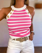Striped Halter Sleeveless Tank Causal Golden Button Decor Breathable Knit Top