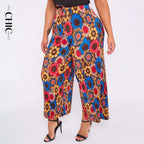 Sunflower Print Abstract Wide-Leg Drawstring Palazzo Pleated Pants