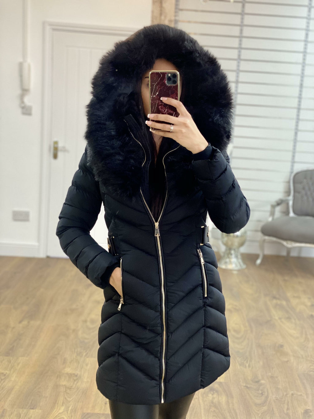 Lorna Black Faux Fur Hooded Belt Coat
