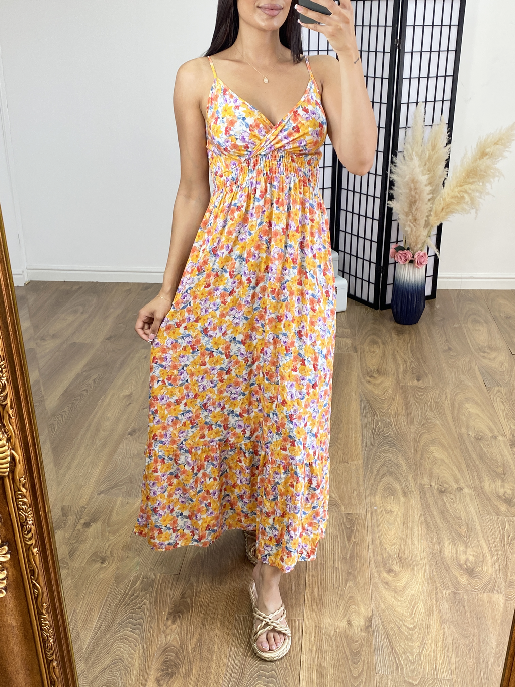 Derin Orange Floral Foil Print Maxi Dress