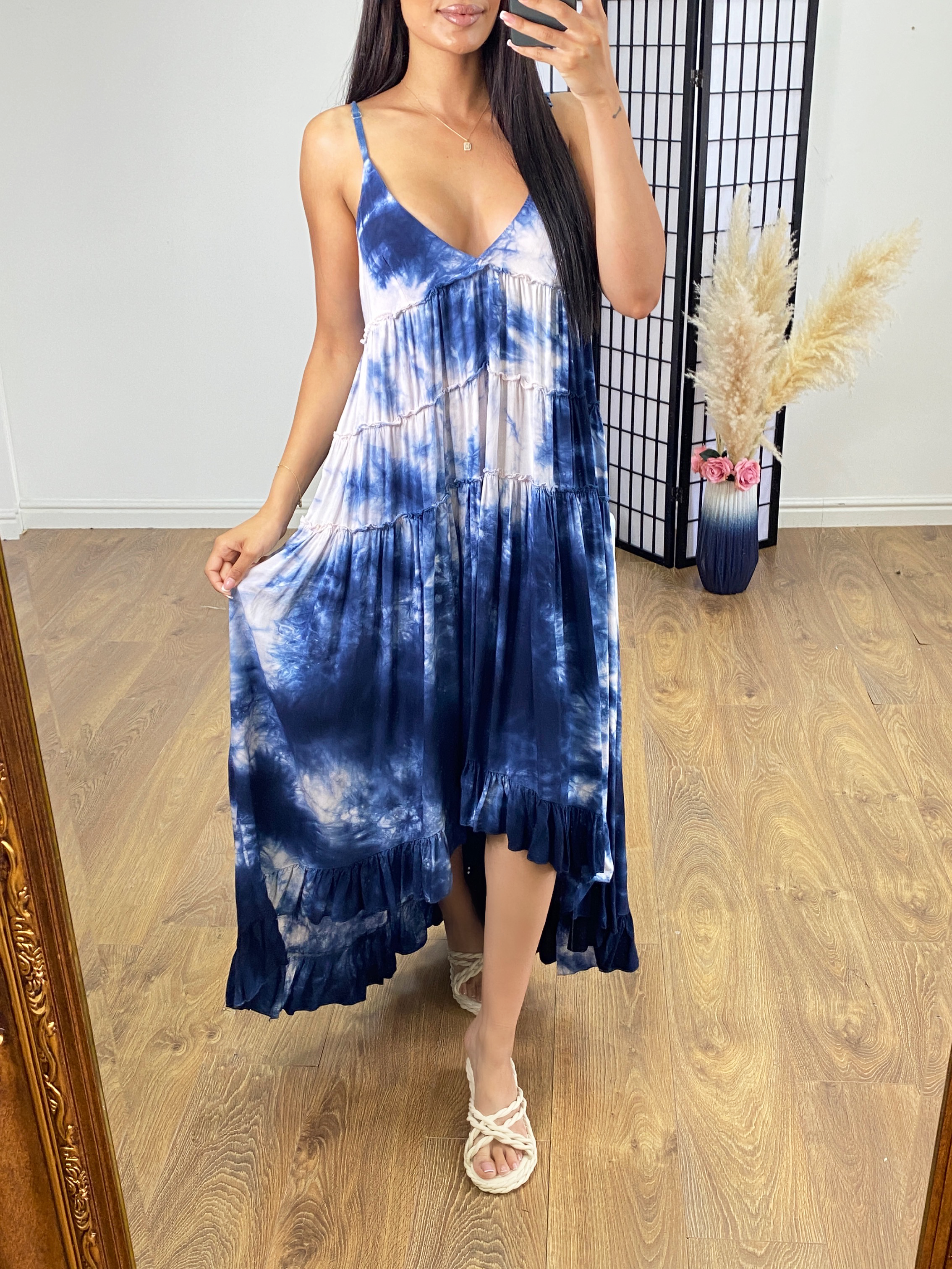 Yeliz Tie Dye Ruffle Dipped Hem Dress