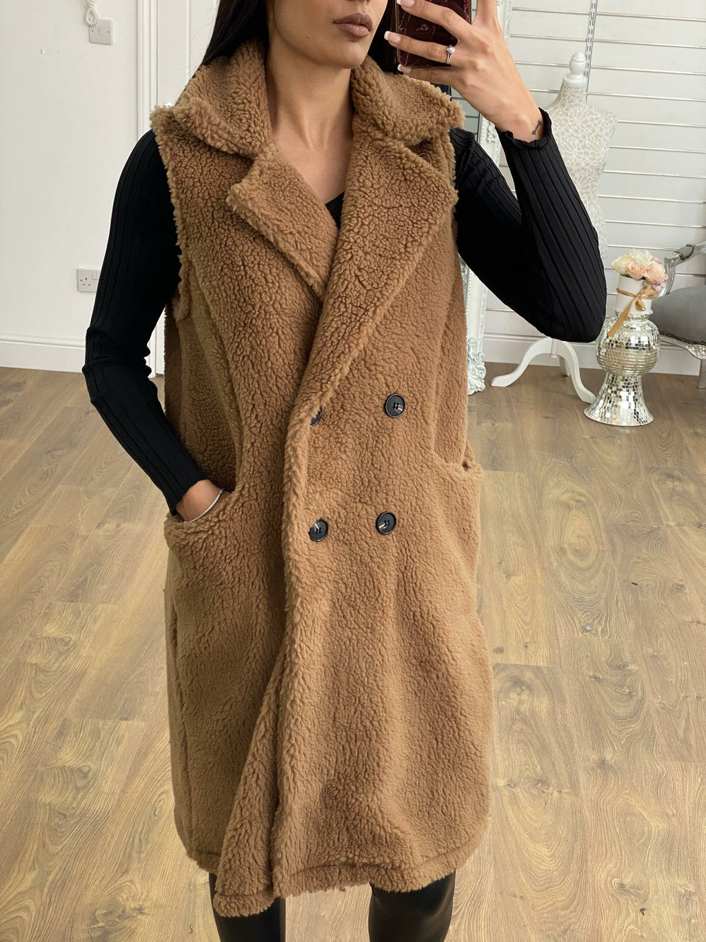 Akira Tan Oversized Longline Teddy Gilet