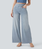 2026🔥 FlexTM High Waisted Multiple Pockets Baggy Wide Leg Washed Stretchy Knit Casual Jeans