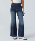 2026🔥 FlexTM High Waisted Multiple Pockets Baggy Wide Leg Washed Stretchy Knit Casual Jeans