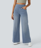 2026🔥 FlexTM High Waisted Multiple Pockets Baggy Wide Leg Washed Stretchy Knit Casual Jeans