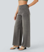 2026🔥 FlexTM High Waisted Multiple Pockets Baggy Wide Leg Washed Stretchy Knit Casual Jeans