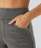 2026🔥 FlexTM High Waisted Multiple Pockets Baggy Wide Leg Washed Stretchy Knit Casual Jeans