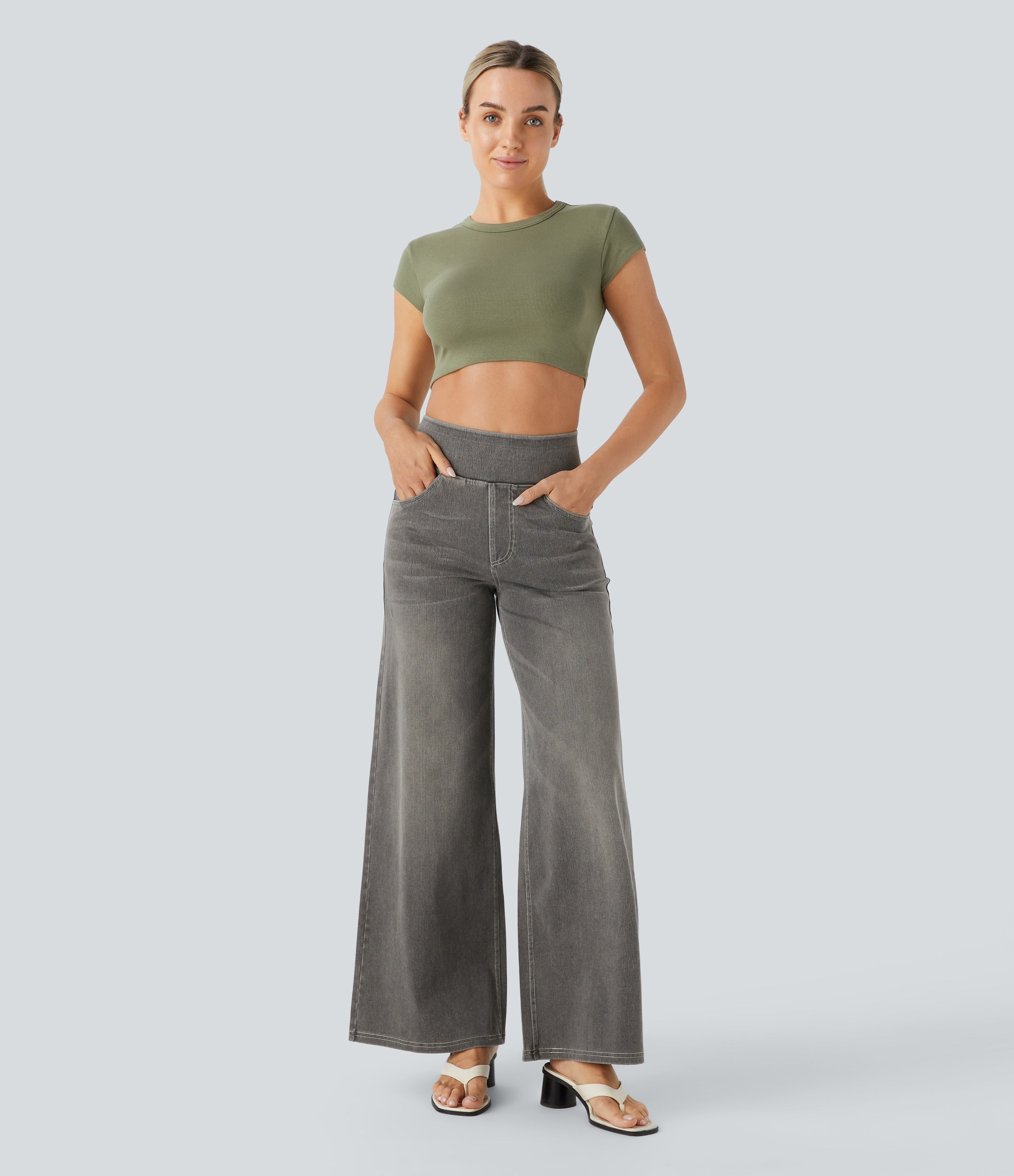 2026🔥 FlexTM High Waisted Multiple Pockets Baggy Wide Leg Washed Stretchy Knit Casual Jeans