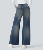 2026🔥 FlexTM High Waisted Multiple Pockets Baggy Wide Leg Washed Stretchy Knit Casual Jeans