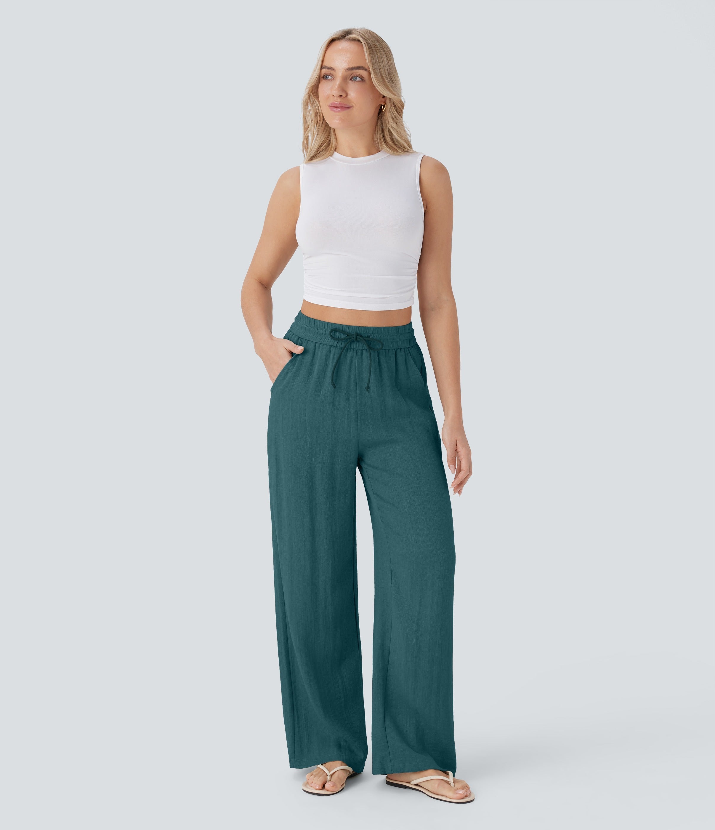 2026🔥 High Waisted Drawstring Pocket Wide Leg Casual Linen-Feel Pants