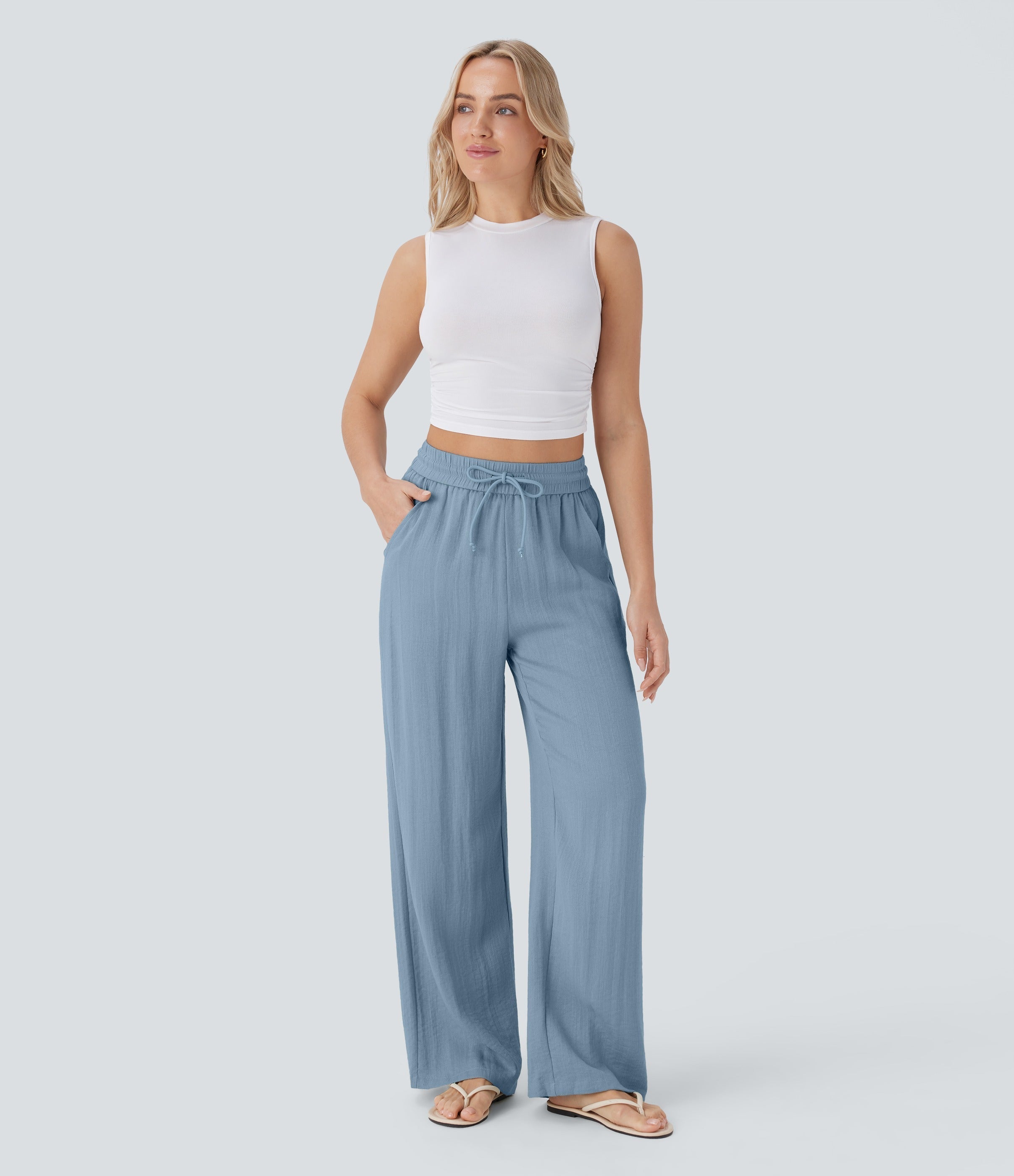 2026🔥 High Waisted Drawstring Pocket Wide Leg Casual Linen-Feel Pants