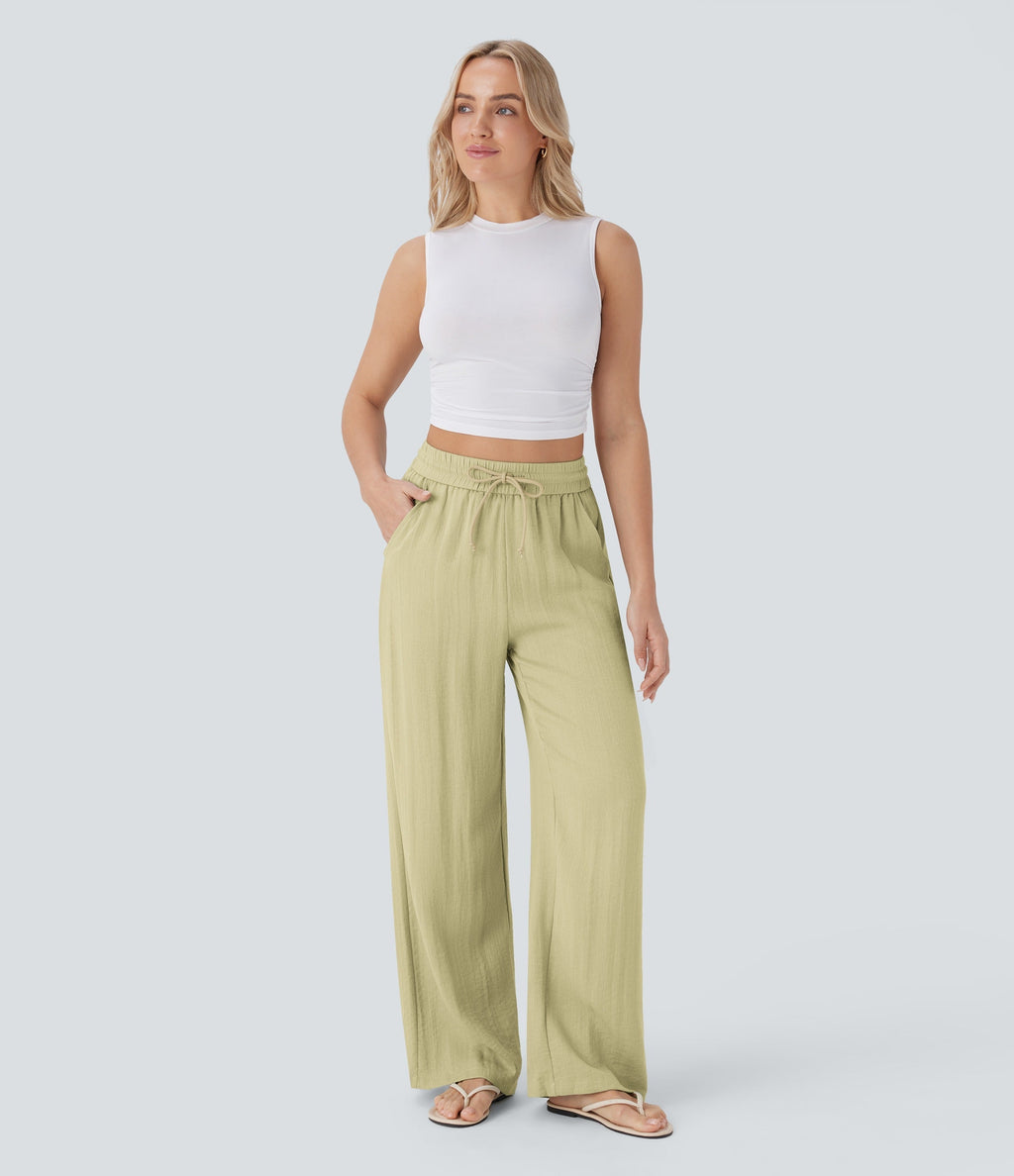 2026🔥 High Waisted Drawstring Pocket Wide Leg Casual Linen-Feel Pants