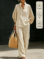 Linen Two Piece Set Mandarin Collar Batwing Sleeve Top & Wide Leg Pants