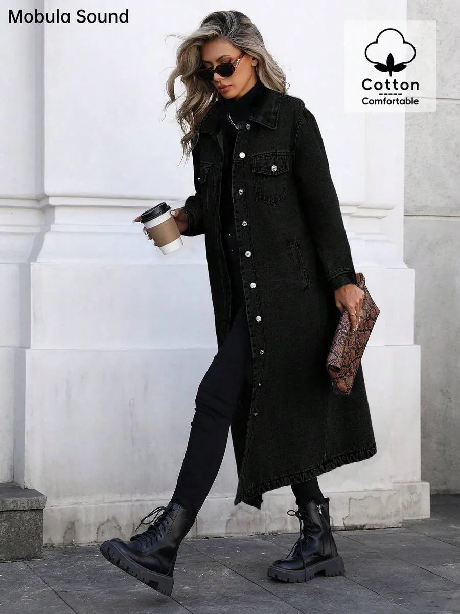 Women's Button Front Denim Coat, Elegant Casual Long Sleeve Denim Jacket for Spring & Fall, Women's Clothing for Daily Wear, Outerwear