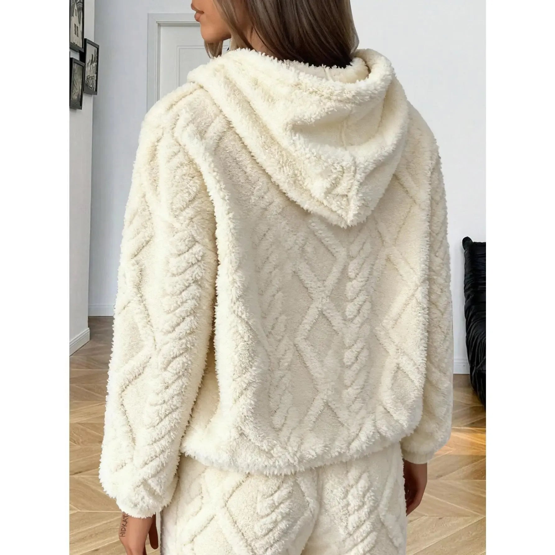 Women's diamond patterned lamb fleece hooded sweatshirt Large size loose and thick coral fleece warm home clothes American Sweet Cool Plush Hooded Casual Set