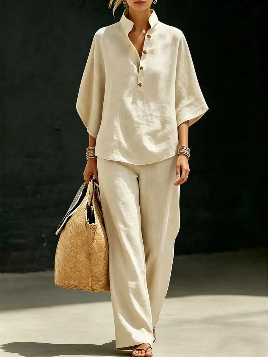 Linen Two Piece Set Mandarin Collar Batwing Sleeve Top & Wide Leg Pants