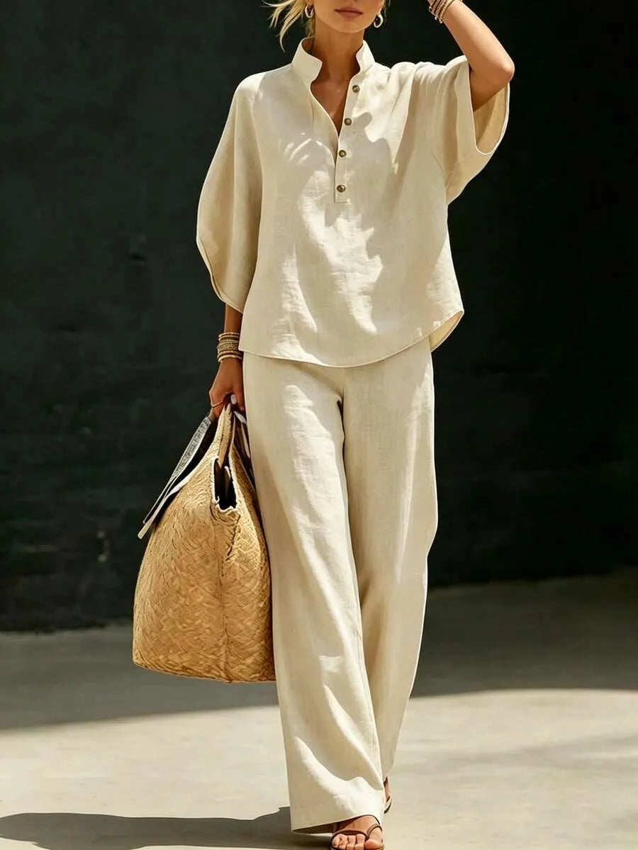 Linen Two Piece Set Mandarin Collar Batwing Sleeve Top & Wide Leg Pants