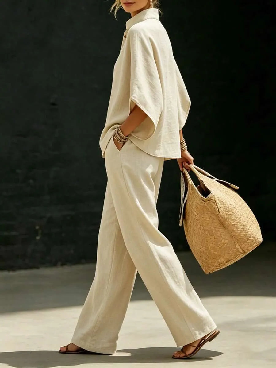 Linen Two Piece Set Mandarin Collar Batwing Sleeve Top & Wide Leg Pants