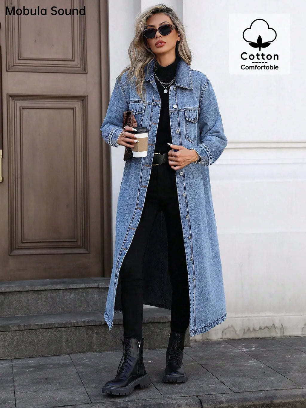 Women's Button Front Denim Coat, Elegant Casual Long Sleeve Denim Jacket for Spring & Fall, Women's Clothing for Daily Wear, Outerwear