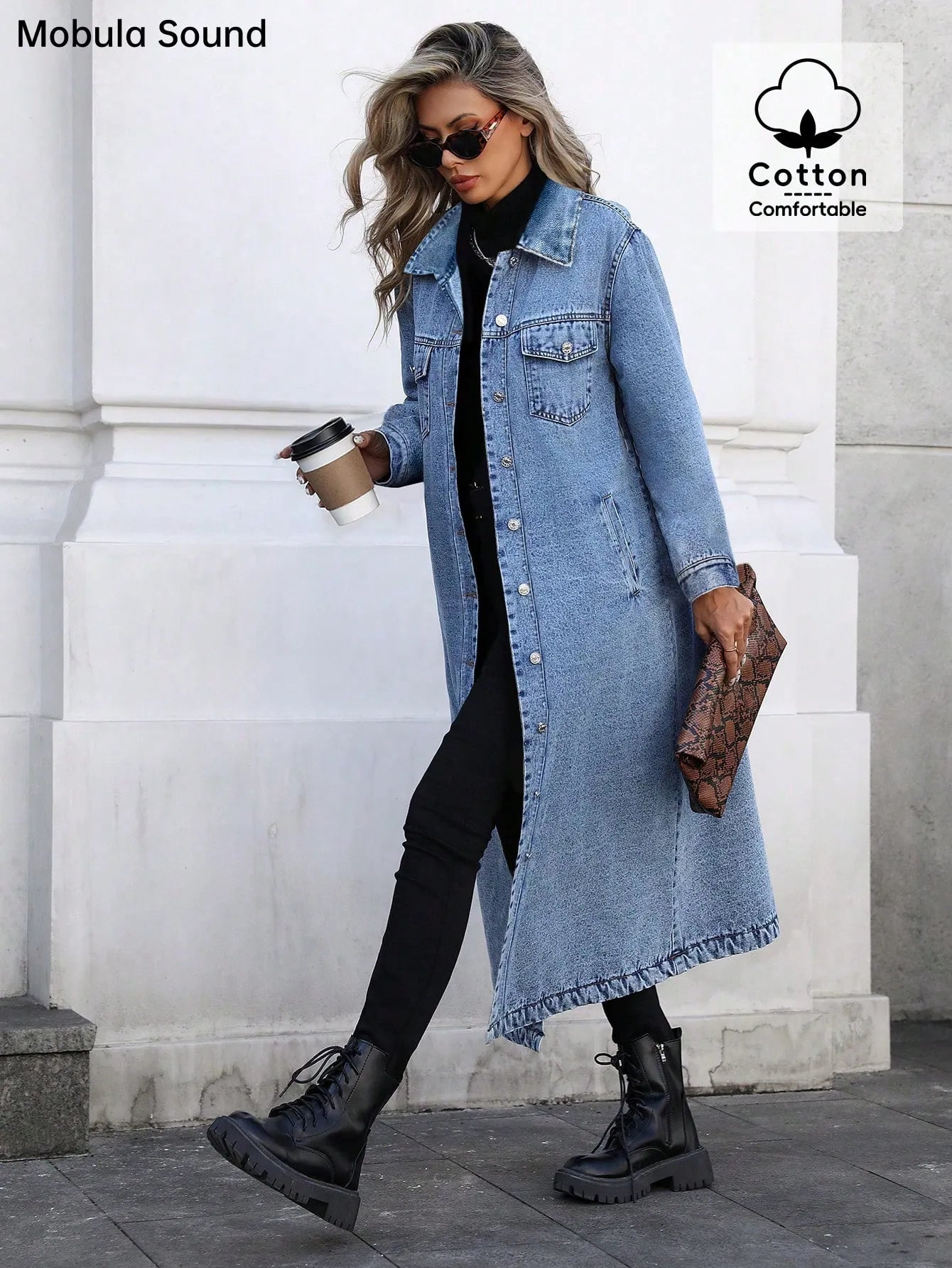 Women's Button Front Denim Coat, Elegant Casual Long Sleeve Denim Jacket for Spring & Fall, Women's Clothing for Daily Wear, Outerwear